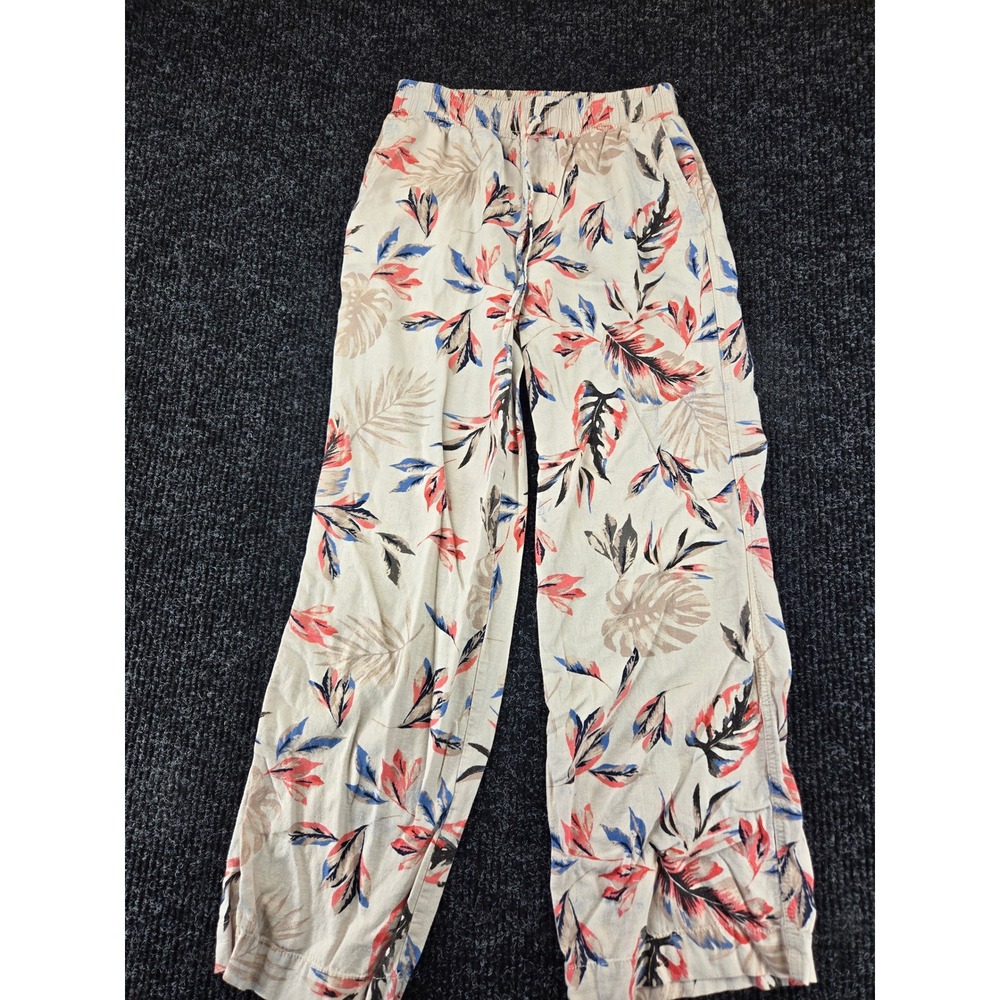 Briggs Womens Small Tropical Linen Blend Wide Leg Pull On Pants Beige Floral
